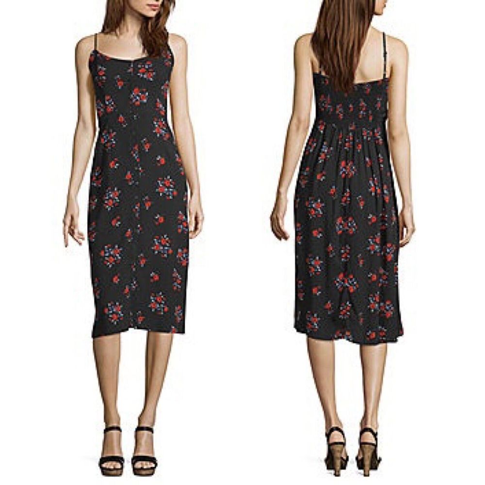 Arizona Slip Midi Dress Womens Size XL Sleeveless Button Down Floral Black Red